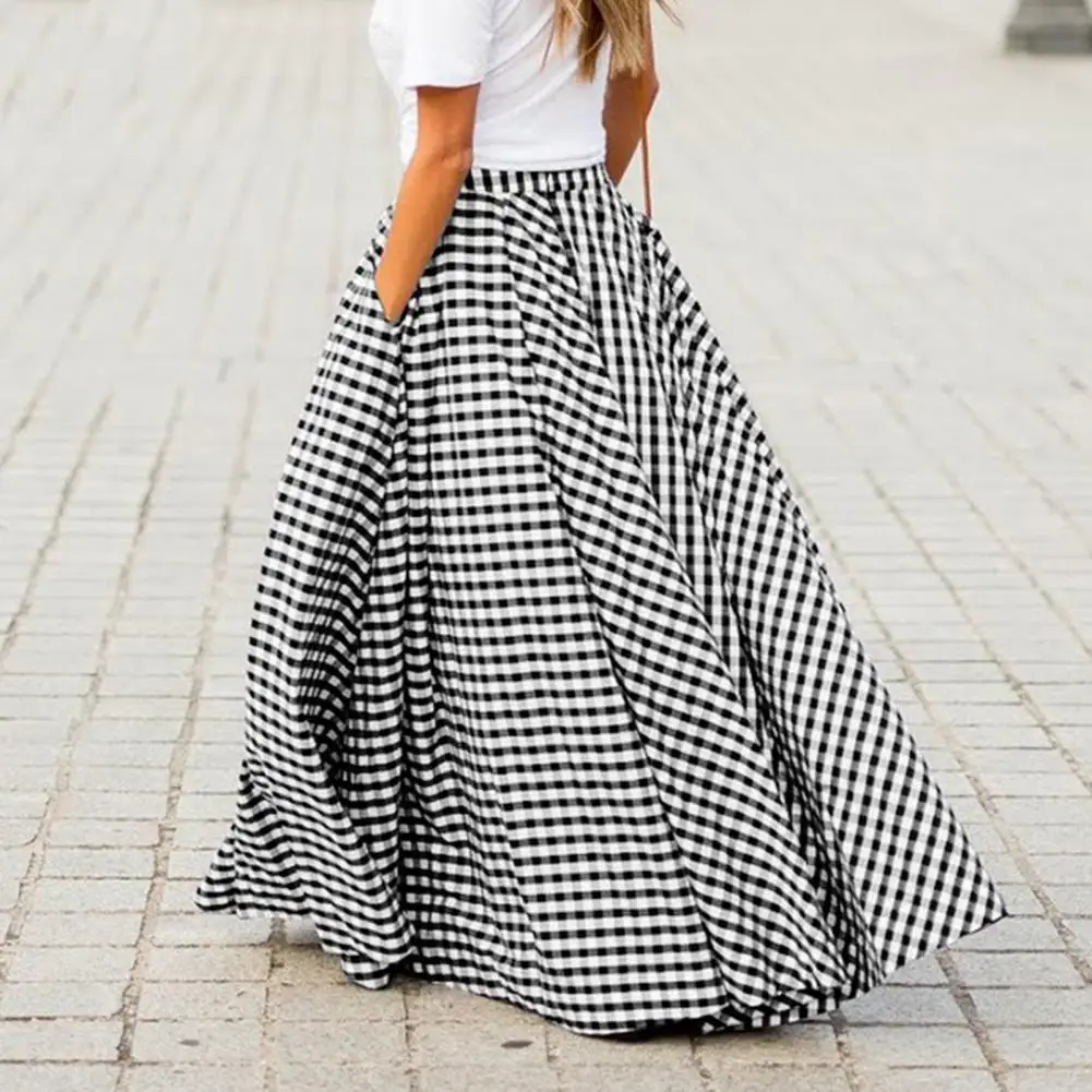 Vintage Bohemian Women High Waist Summer Long Skirt Plaid Pockets Casual A-Line Maxi Skirts Elegant Beach Skirt Long Skirt