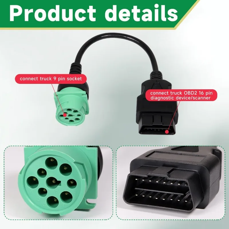 9 Pin Male J1939 Type 2 Green To 16 Pin Male OBD2 Adapter Cable for Cummins Diesel Volvo MACK Freightliner Commercial Trucks GPS