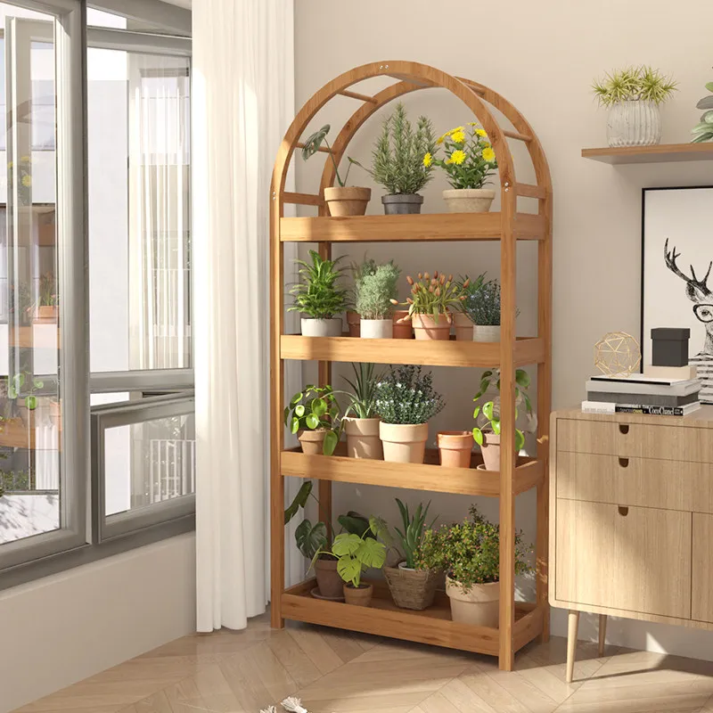 Balcony flower stand Layer rack Floor-to-ceiling succulent shelf Shelf Solid wood multi-layer mobile plant frame with wheels