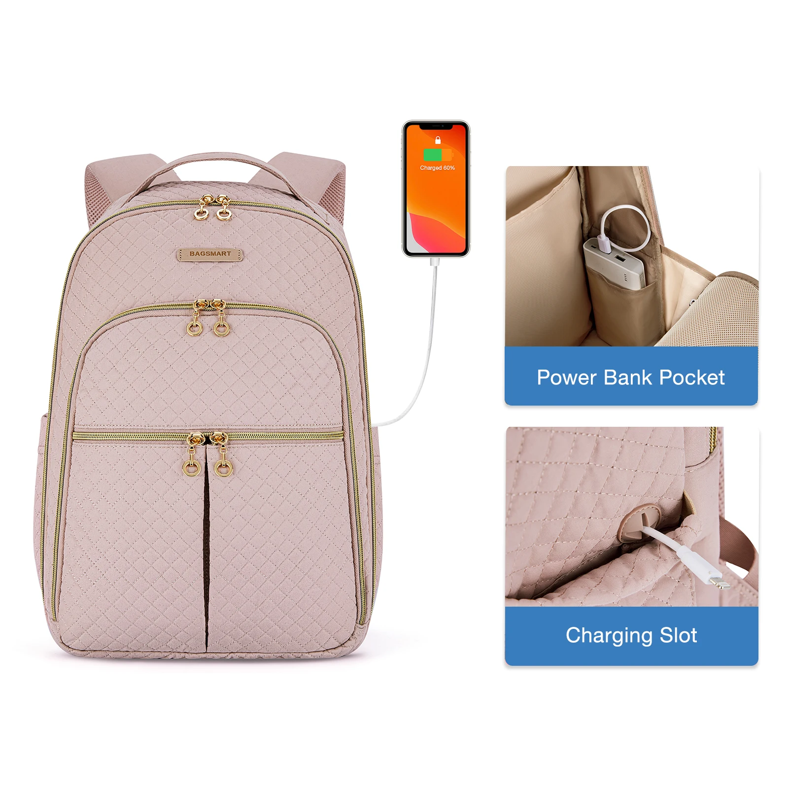 Bagsmart grande capacidade mochila vários bolsos 15.6 polegada portátil mochilas de viagem para as mulheres pacote traseiro com porta de carregamento usb