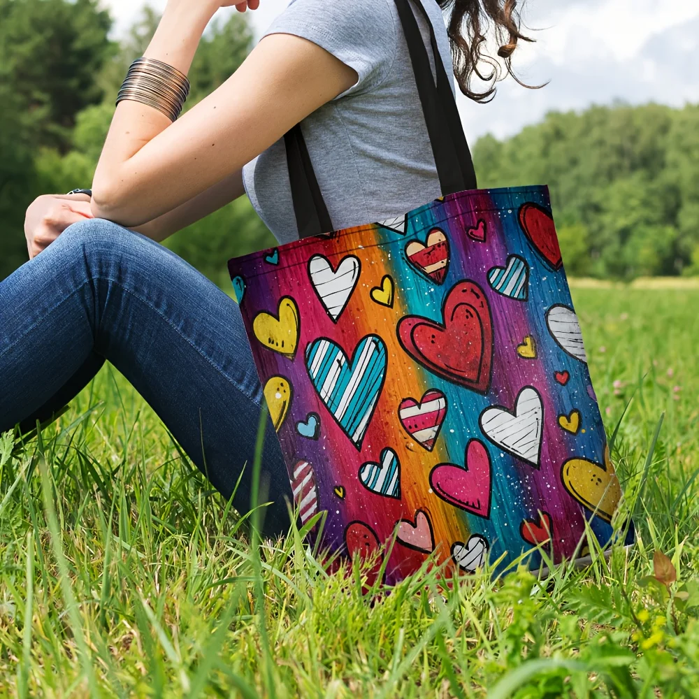 1pc Women'S Tote Bag - Open Top Everyday Purse with Rainbow Hearts (Pink, Blue, Yellow, Green, Purple, Orange, Red )
