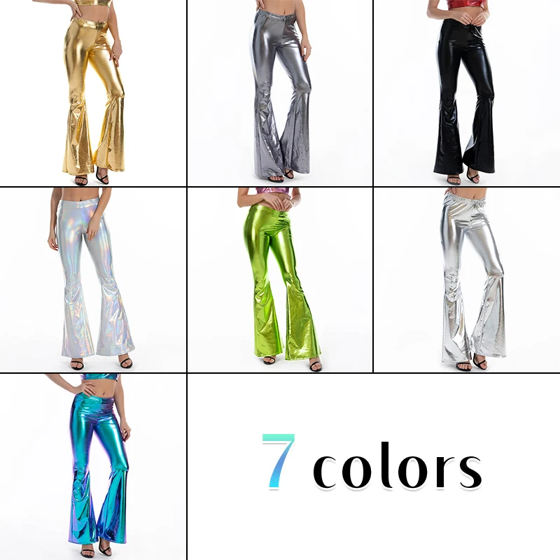 Pantalon métallique en cuir PU pour femmes, Sexy, évasé holographique brillant, taille élastique, évasé, Performance de danse, Clubwear