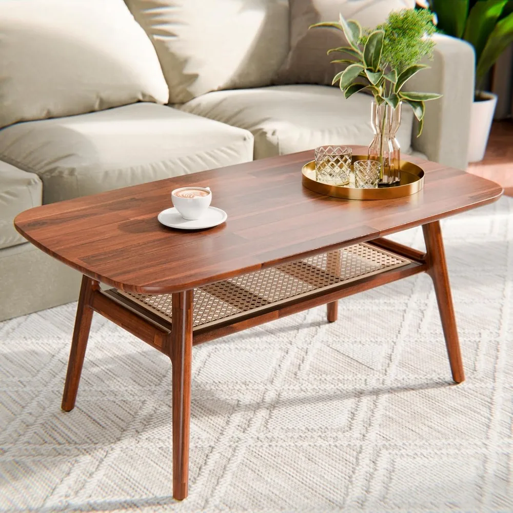 

mid-century modern acacia wood oval coffee table with rattan shelf for living room, supporting up to 237 lbs