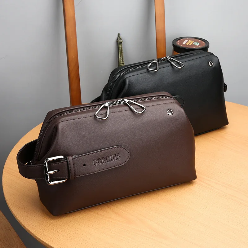 PU leather men's handbag - large capacity, simple design, suitable for business use, multi-functional travel storage bag