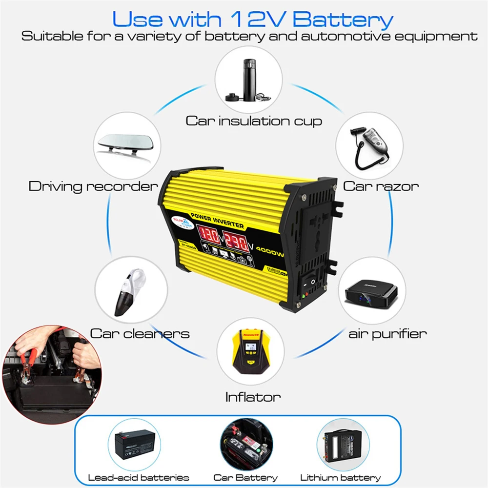 Portable Inverter Car Power Inverters DC12Volt To AC110/220Volt Transformer 4000W Modified SineWave Dual USB LED Display Auto