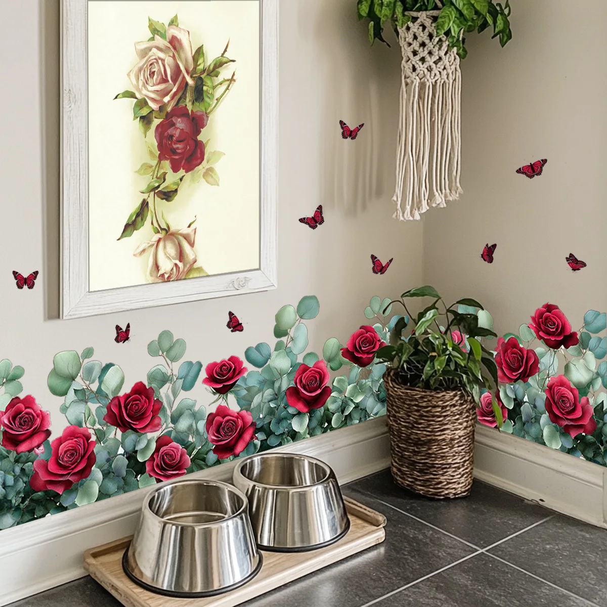 Retro Red Rose Wall Stickers Flowers Butterfly DIY Murals for Window Glass Bedroom Bathroom Home Decoration Wallpaper
