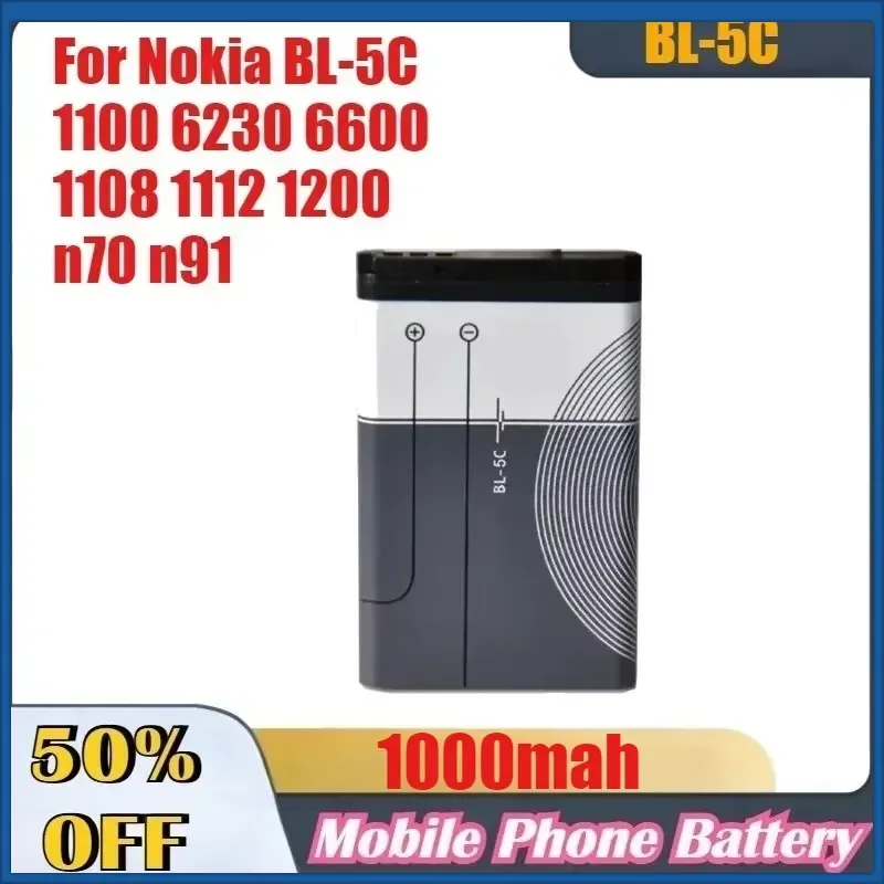 BL-5C 1000mAh Mobile Phone Battery for Nokia BL-5C 1100 6230 6600 1108 1112 1200 N70 N91 Replacement Battery