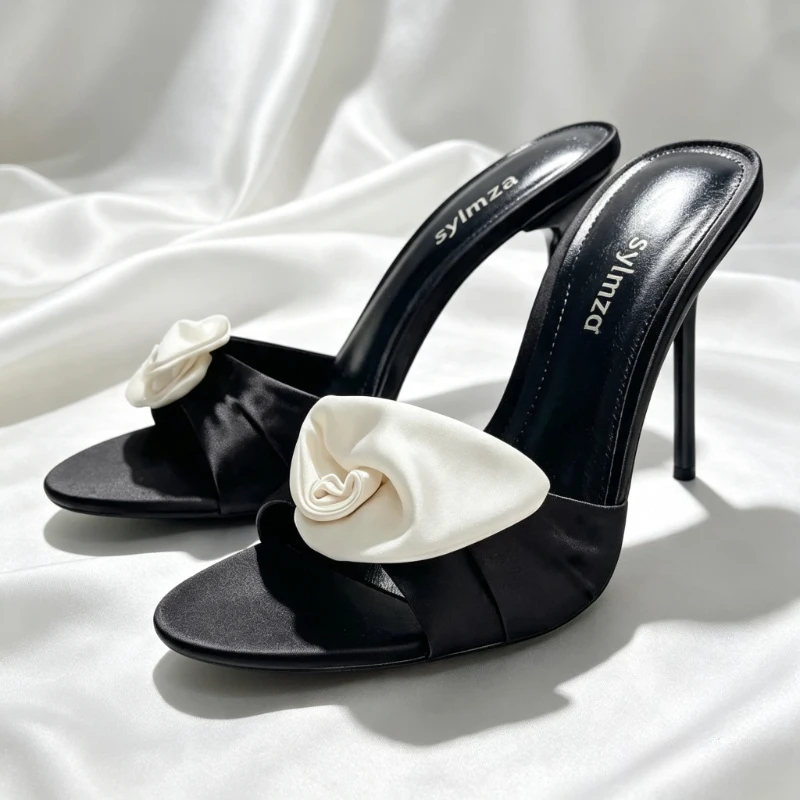 Luxury Flower Decorated Designer Slippers for Women Sexy Open Toe Black Satin Stiletto Slide Sandals Elegant Wedding Bridal Shoe