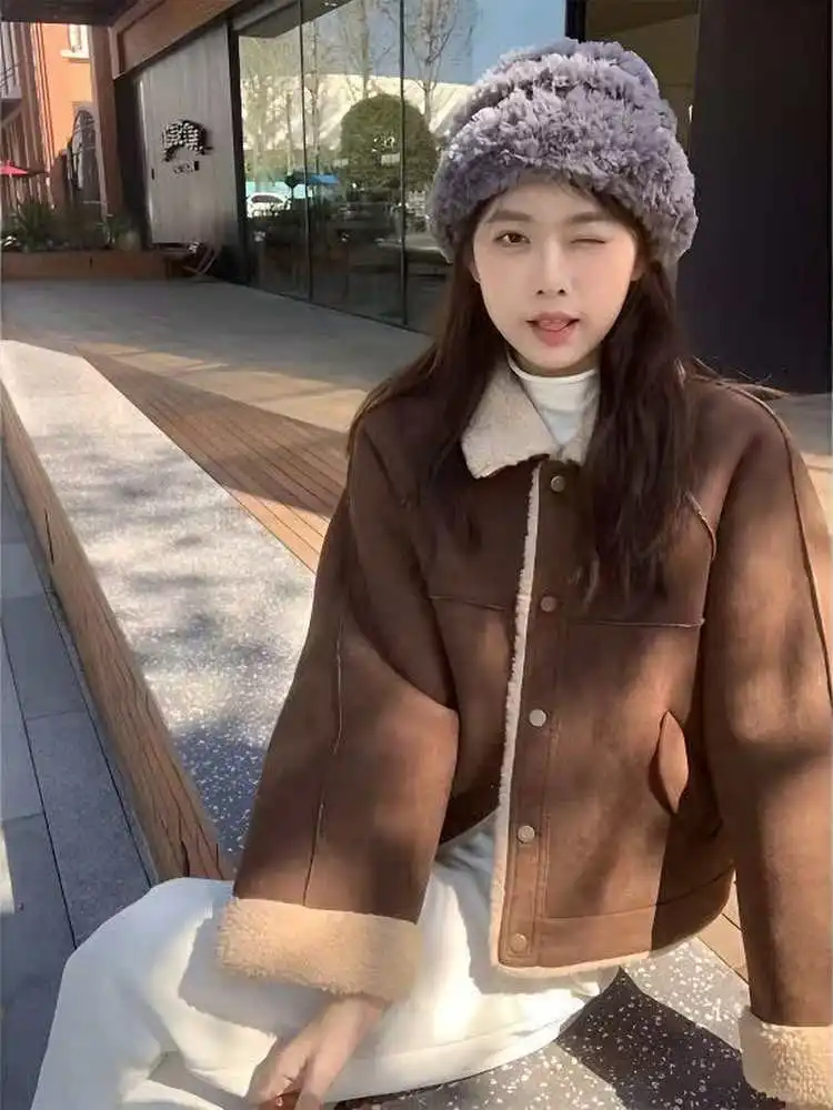 한국 스타일 양털 칼라 여성용 자켓 가을 겨울 가죽 퍼 루즈핏 소형 코트