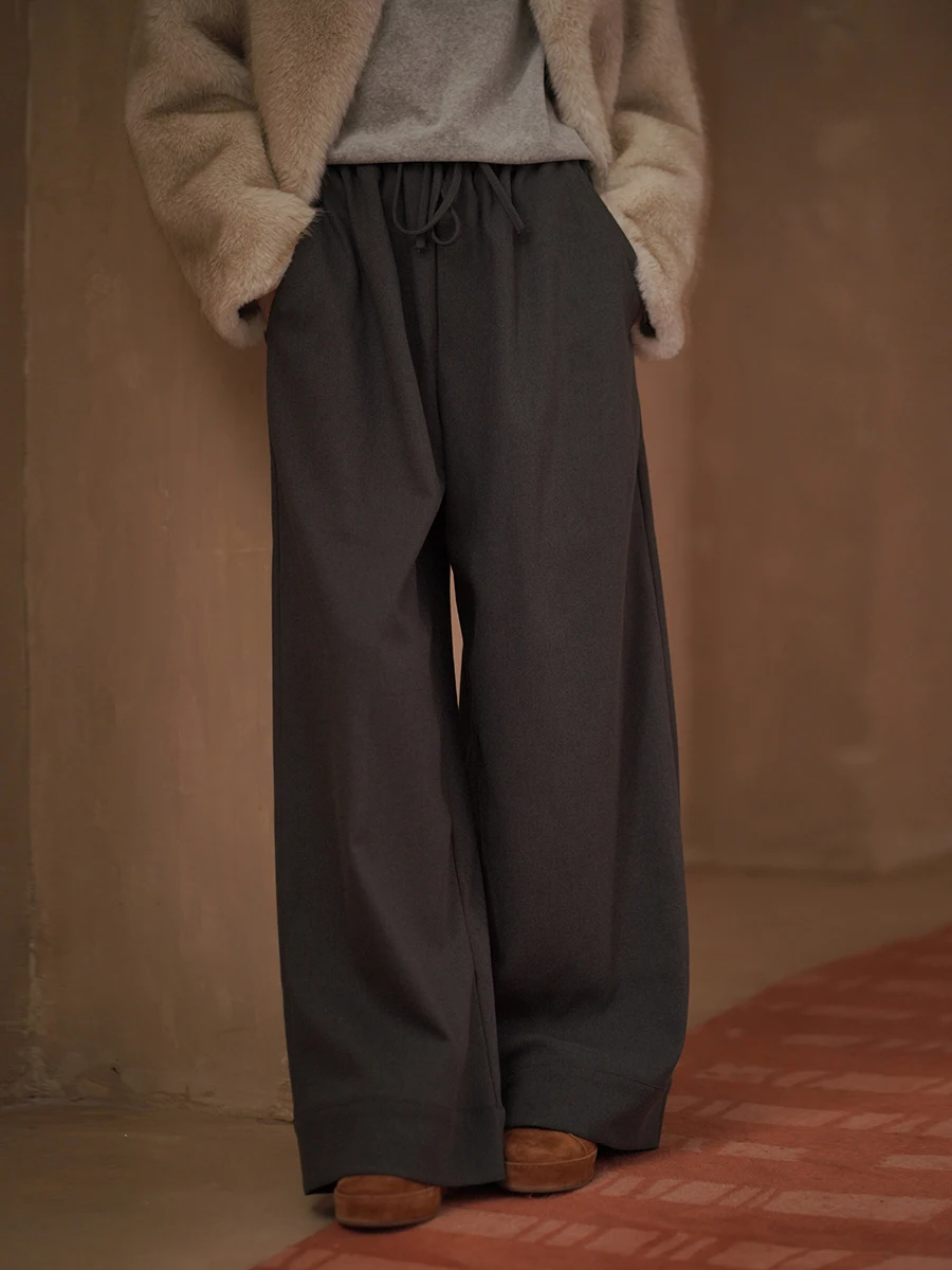 Hacikis Miss Haishi Winter Commute High Density Fleece Loose Slimming Elastic Waist Suit Pants Casual Loose Fit Trousers