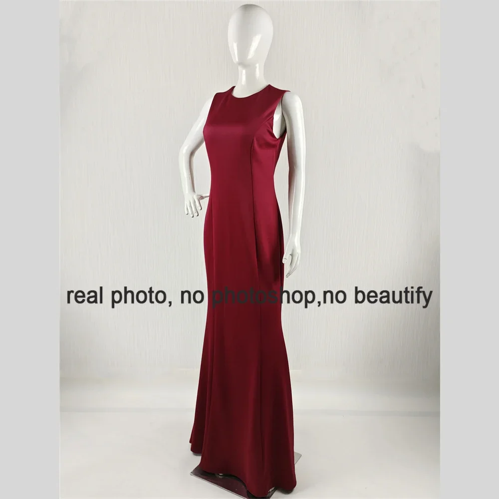 It's Yiiya Customized Real Photo Evening Dress Wine Red O-neck Sleeveless Mermaid Floor Length Simple Women Party Formal Gowns