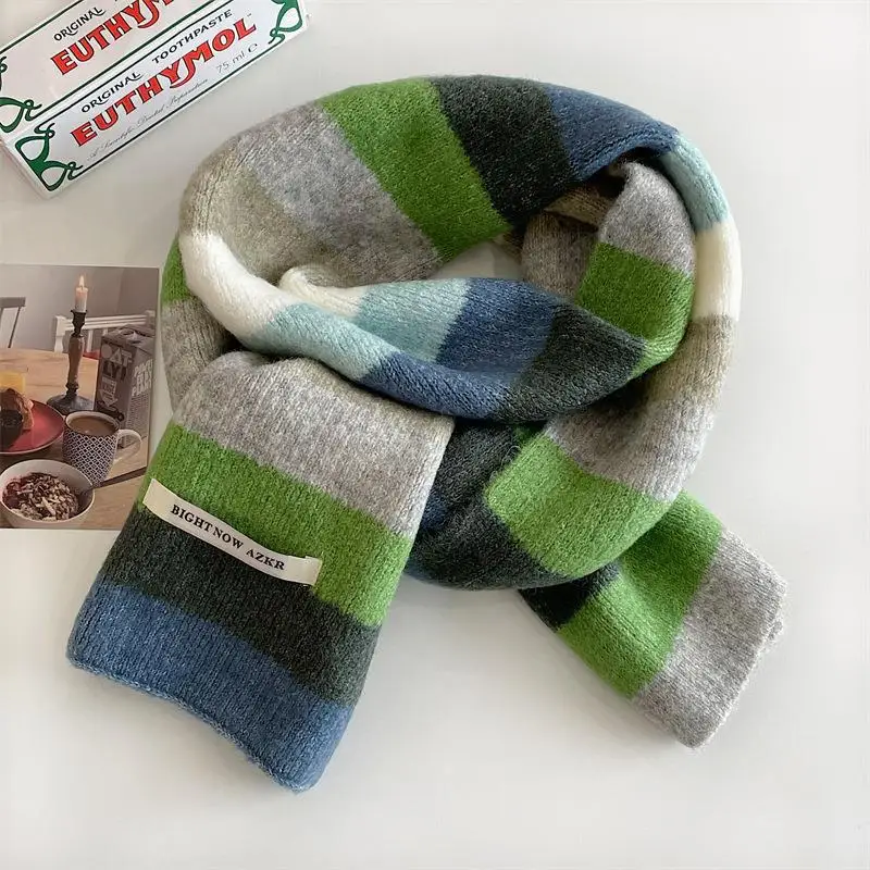 Rainbow Stripes Mohair Scarf Men And Women In Winter Colour Blocking Stripes Wool Short Scarf Students Warm Short Scarf W243