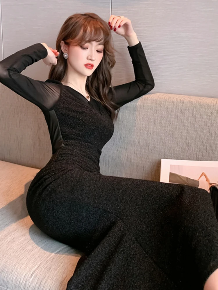 Elegant เซ็กซี่ชุดราตรีอย่างเป็นทางการผู้หญิงสีดํา Sheer ตาข่ายผ้าไหม Skinny Slit Fishtail Robe Femme Club Party Vestidos ฤดูใบไม้ผลิ