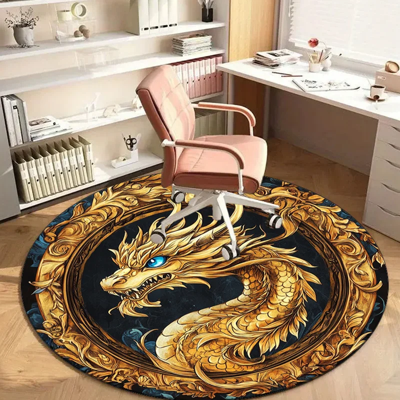 Golden dragon blue eye ornate circle round rug crystal velvet Chinese myth creature bedroom living room luxury carpet