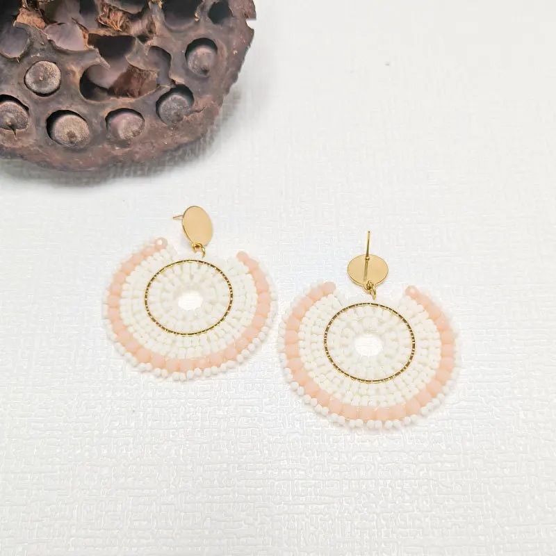 Beaded earrings Roundness Originality Hand knitting Design Bohemia Crystal Tide Alloy Female Versatile Simple Rice bead earrings