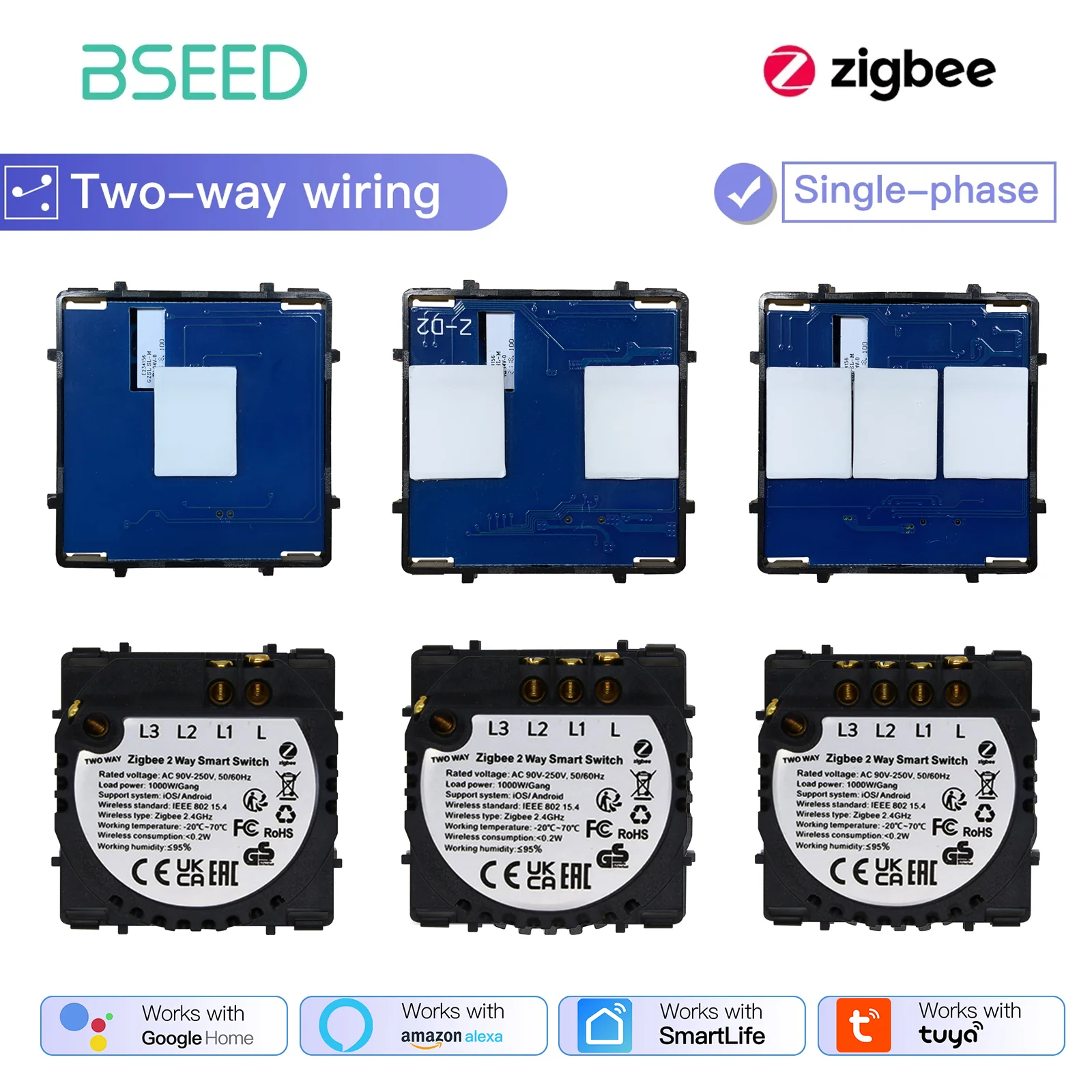 BSEED Zigbee 1/2/3Gang Touch Switches Function Parts 1/2/3Way Multi-Control Tuya Smart Life Google Alexa App Without Glass Panel