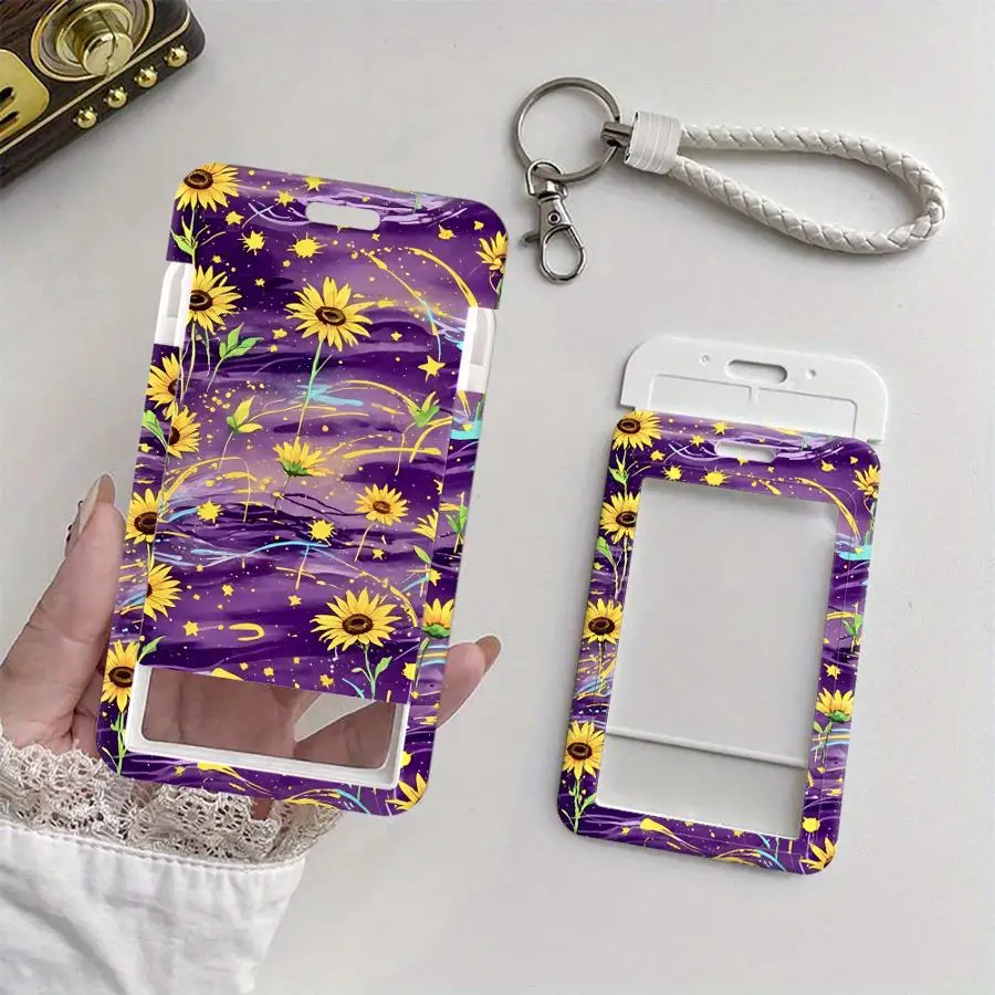 1Pc Card Holder Retractable Credit Card Holders Holders Child Bus with lanyard Badge Bank ID Cover Case Sunflower Art Print