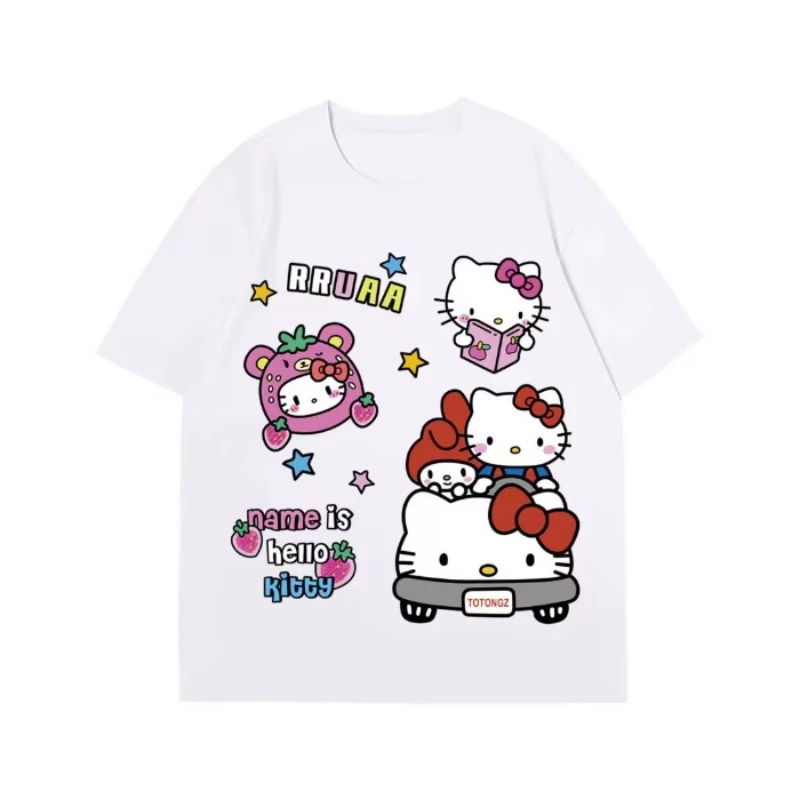

MINISO American Streetwear Brand HelloKitty Short-sleeved T-shirts for Men and Women Cotton Casual Loose Couple Tops for Summer
