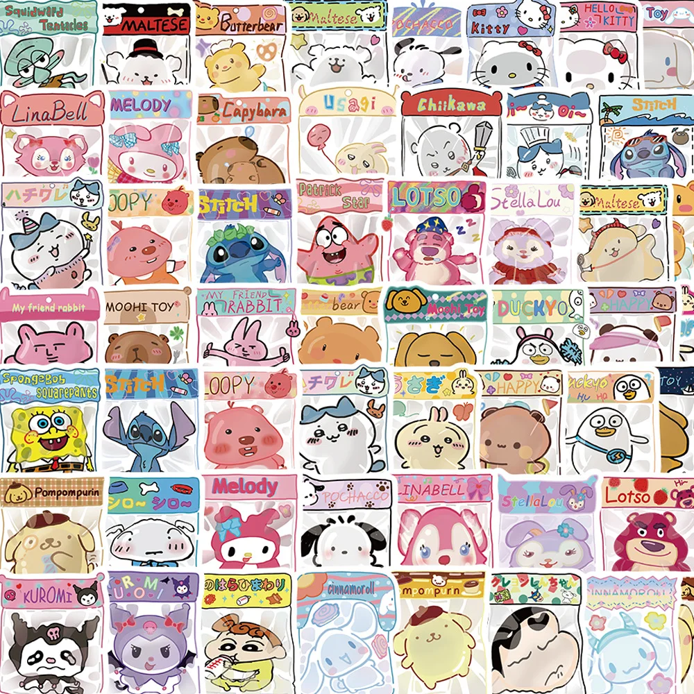 60Pcs Mixed Disney Sanrio Kawai Stitch Stickers Hello Kitty Phone Laptop Diary Graffiti Waterproof Sticker Decals Kids Toy