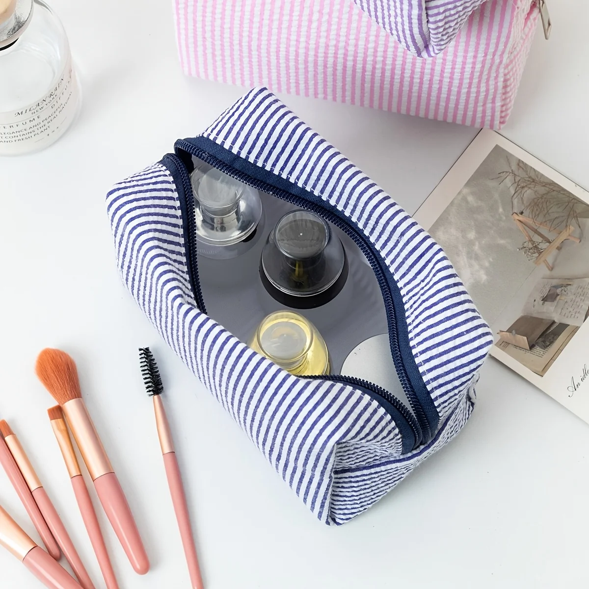 Striped Makeup Bag, Hand-held Small Toiletry Bag, Portable Travel Cosmetics Storage Bag, Stationery Pencil Case