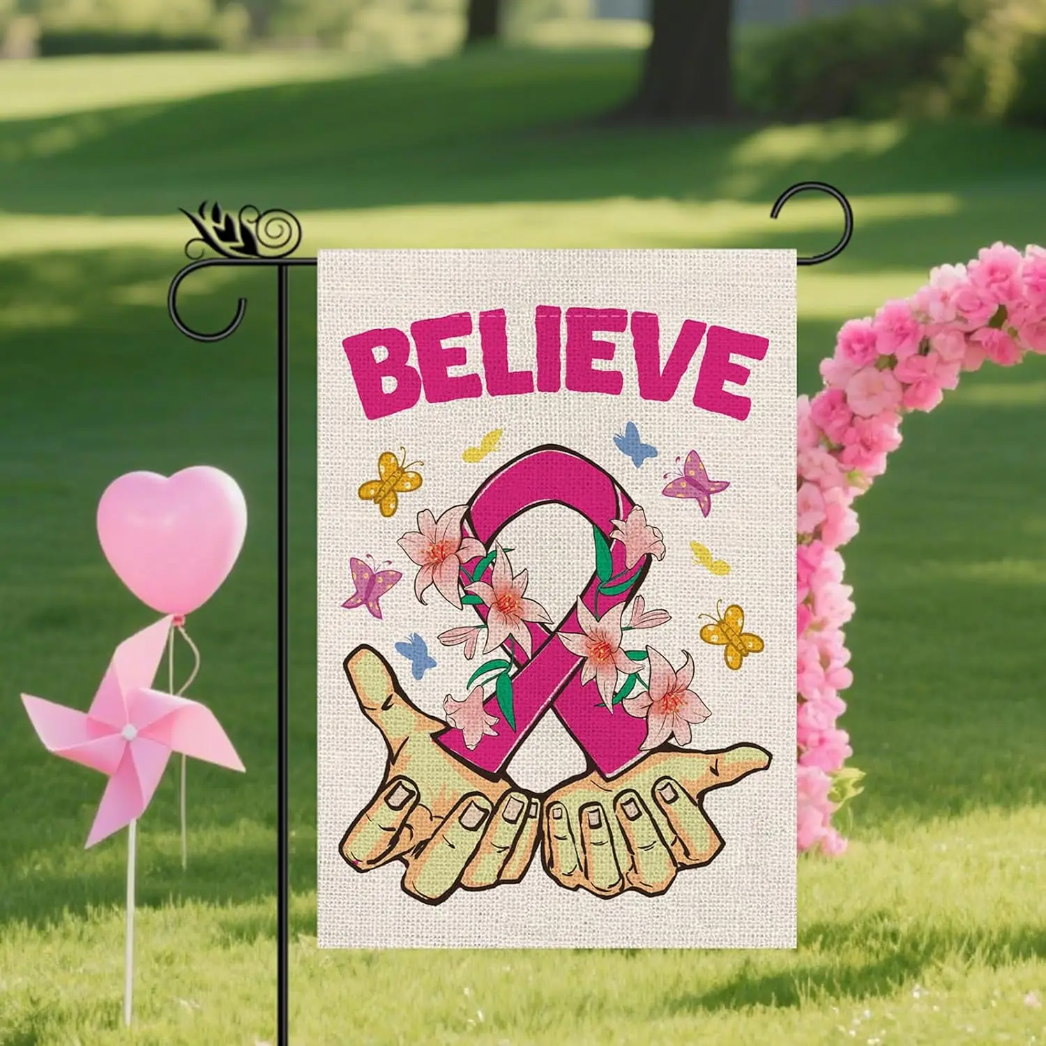 Breast Cancer Awareness Garden Flag Hope For A Cure Pink Butterfly Ribbon Flower Fight Cancer Double Sided Yard Decorations  LLG
