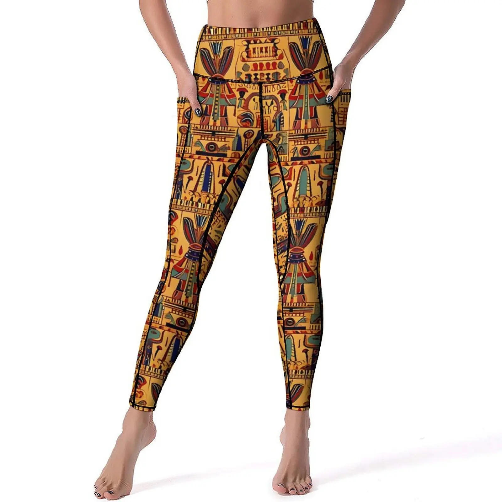 Leggings de arte egipcio antiguo, pantalones de Yoga sexis con patrón Retro para gimnasio, mallas deportivas elásticas con realce y bolsillos, mallas de diseño divertido