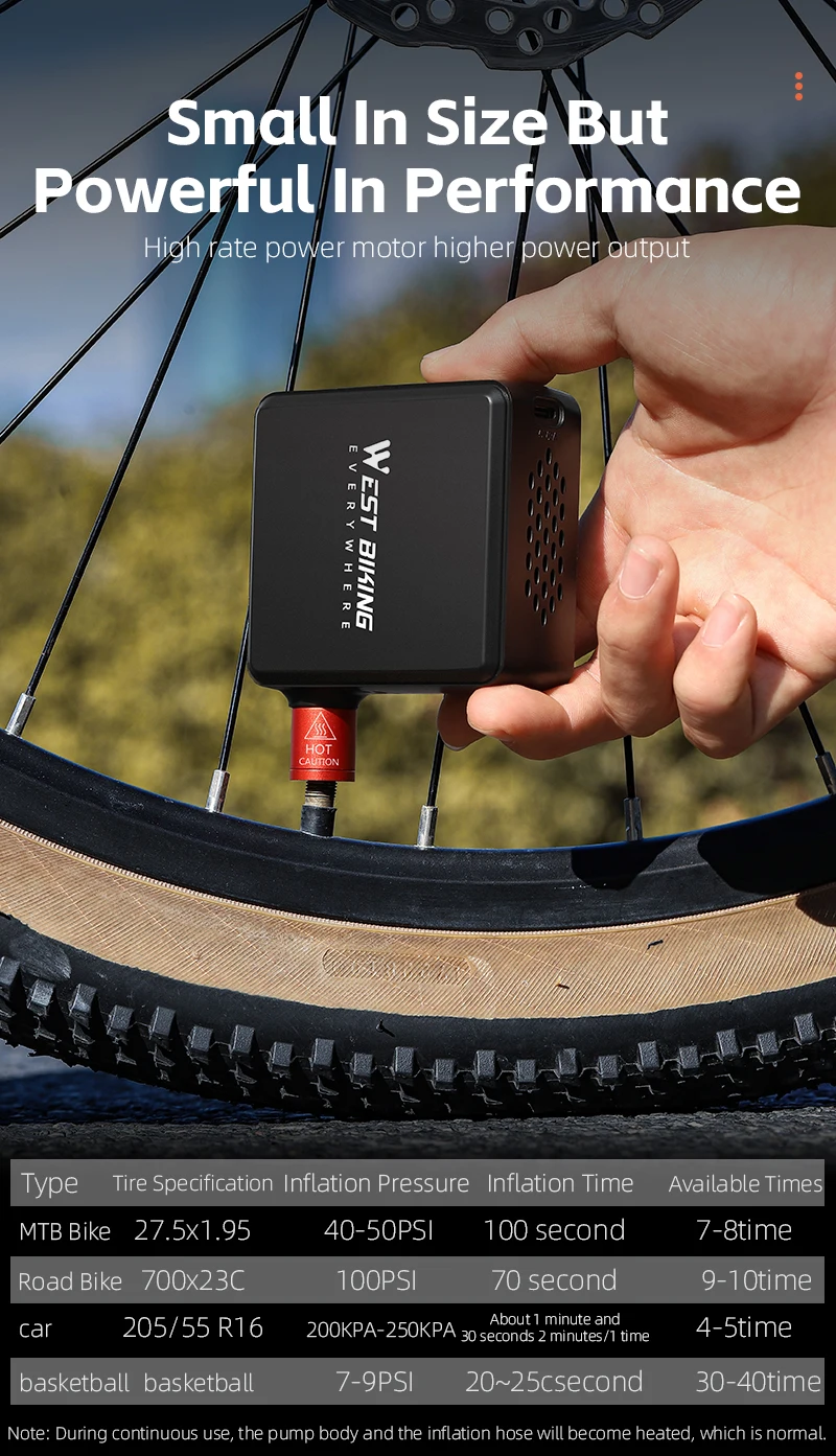 WEST BIKING 150PSI Elektrische Fahrradpumpe, Taschen-Mini-Luftkompressor mit Digitalanzeige für Fahrrad-, Auto- und Motorradreifen, FV AV – Detail 14