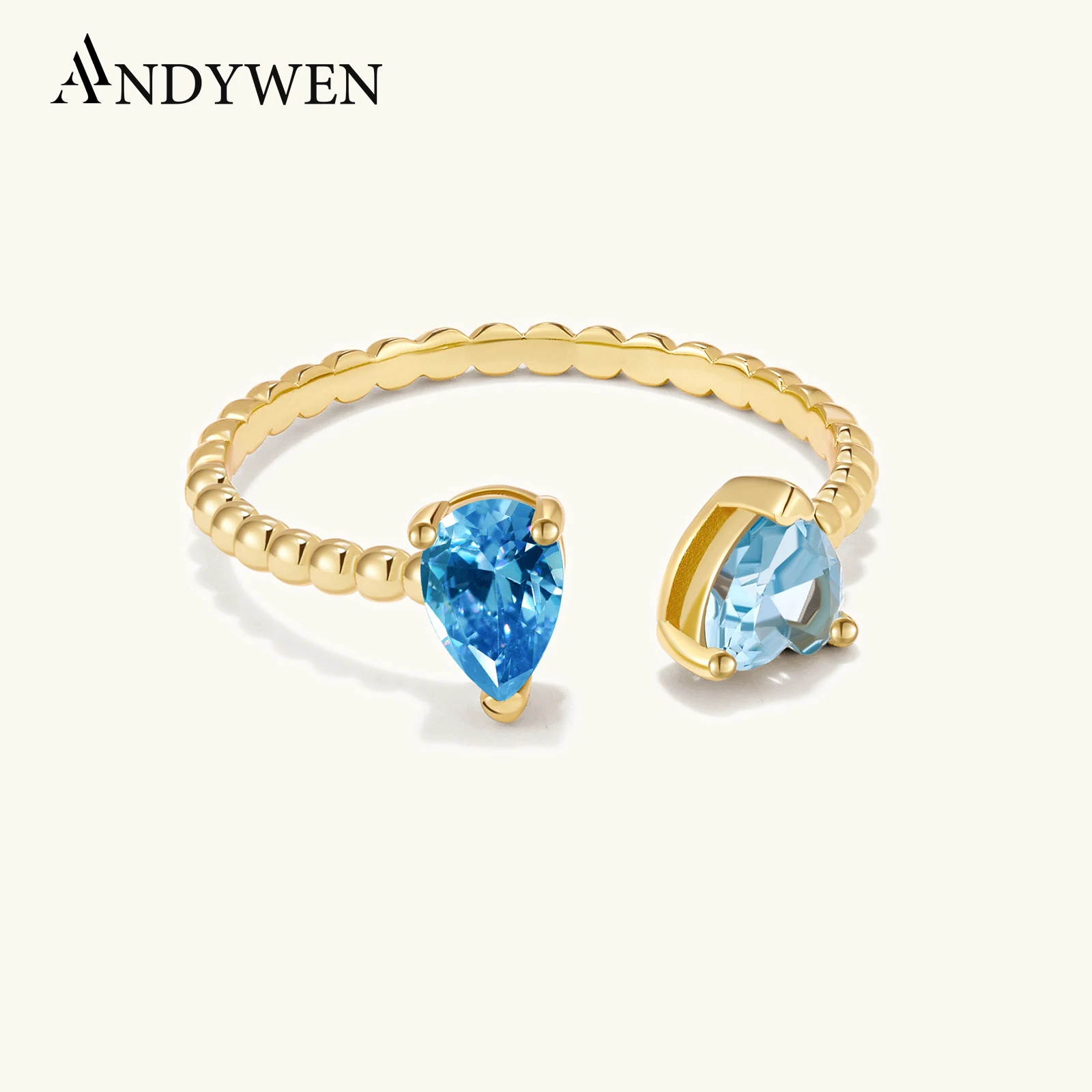 

ANDYWEN 925 Sterling Silver Aquamarine Blue Heart Pear Shaped Zircon Adjustable Ring Women 2026 Luxury Party Gift Fine Jewelry