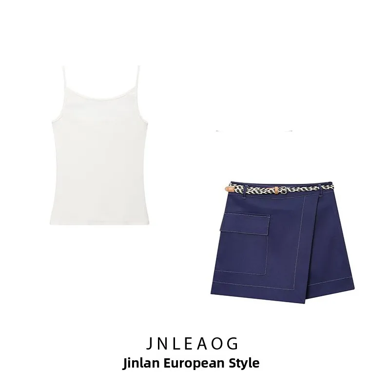 JNLEAOG Spring New Women's Fashion Design Belted Double-breasted Skirt Pants 5029100 Short Sleeve round Neck Two-piece Set