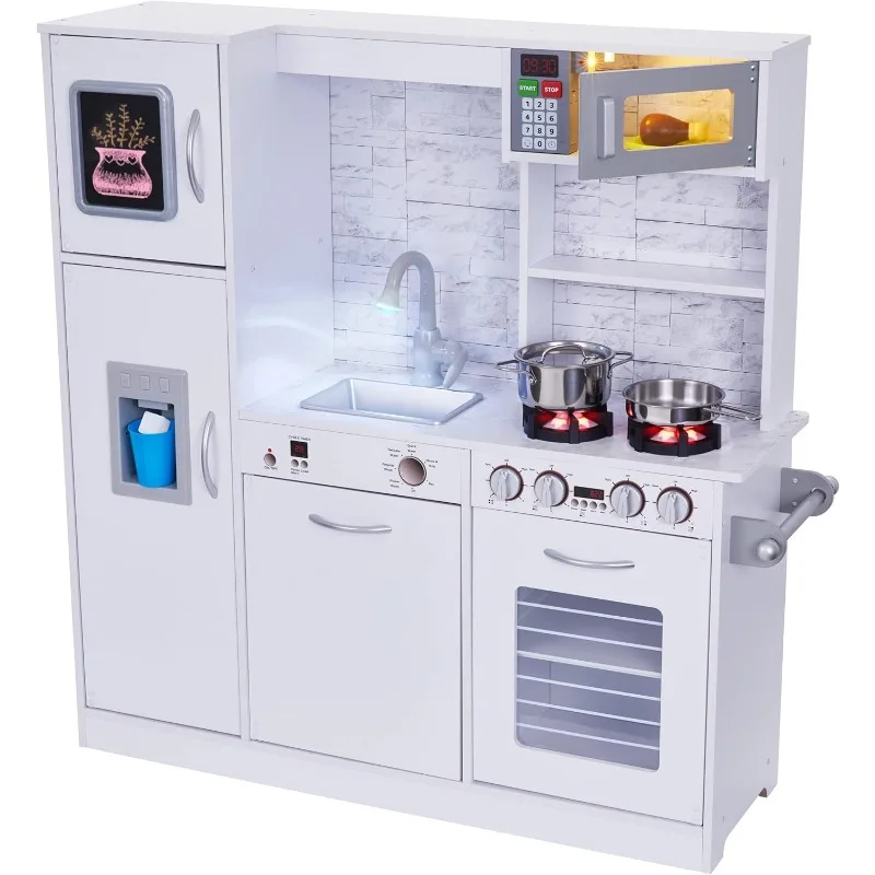 Kids Kitchen Set, Pretend Wooden Play Kitchen, Battery Operated Icemaker, Burners, Faucet & Microwave Makes Realistic Sound