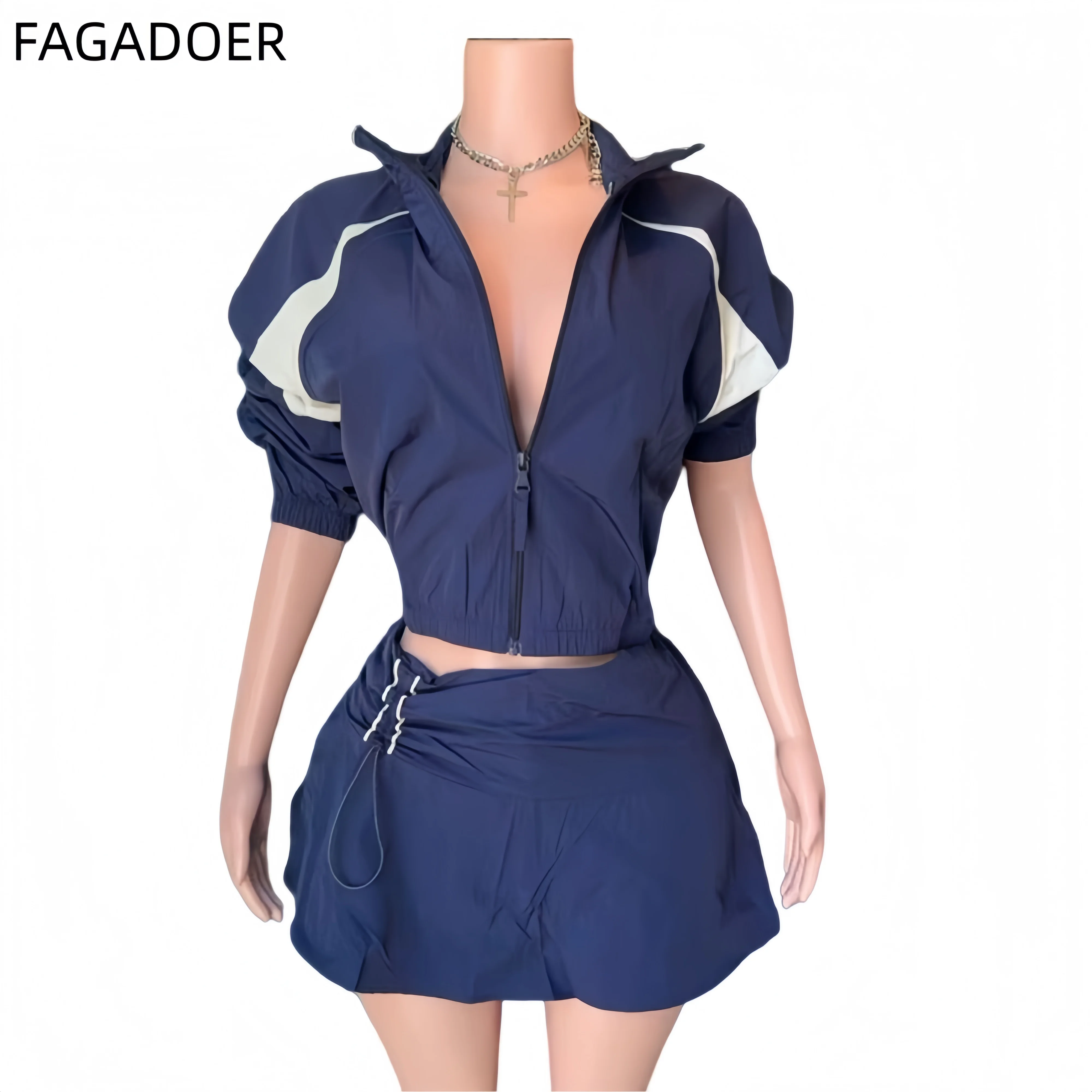 FAGADOER Casual Color Block 2 Piece Sets Woman Outfit Drawstring Ruched Patchwork Crop Top and Skirt Matching Female Streetwear image 5