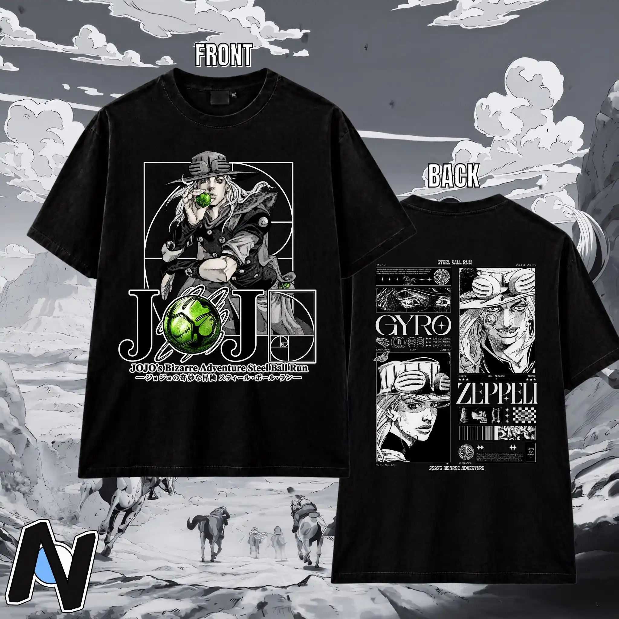 JoJo Steel Ball Run Gyro Zeppeli T-shirt Front & Back Print Vintage Washed Short Sleeve Tee Unisex Anime Streetwear Tops