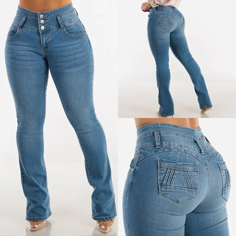 Jeans Women Flare Pants Distressed Washed Strech High Waist Vintage Buttons Pockets Streetwear Ankle Length Trousers Denims