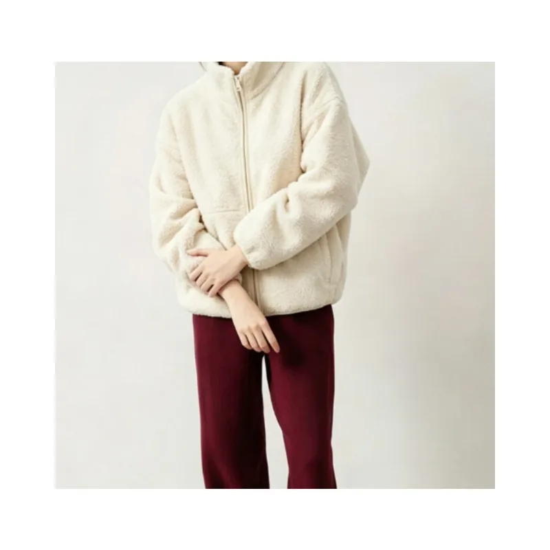 Women Jacket Full Zip Stand Collar Coat Vintage Sports Warm Long Sleeve Loose Casual Autumn Winter Solid Color Basic Fashion