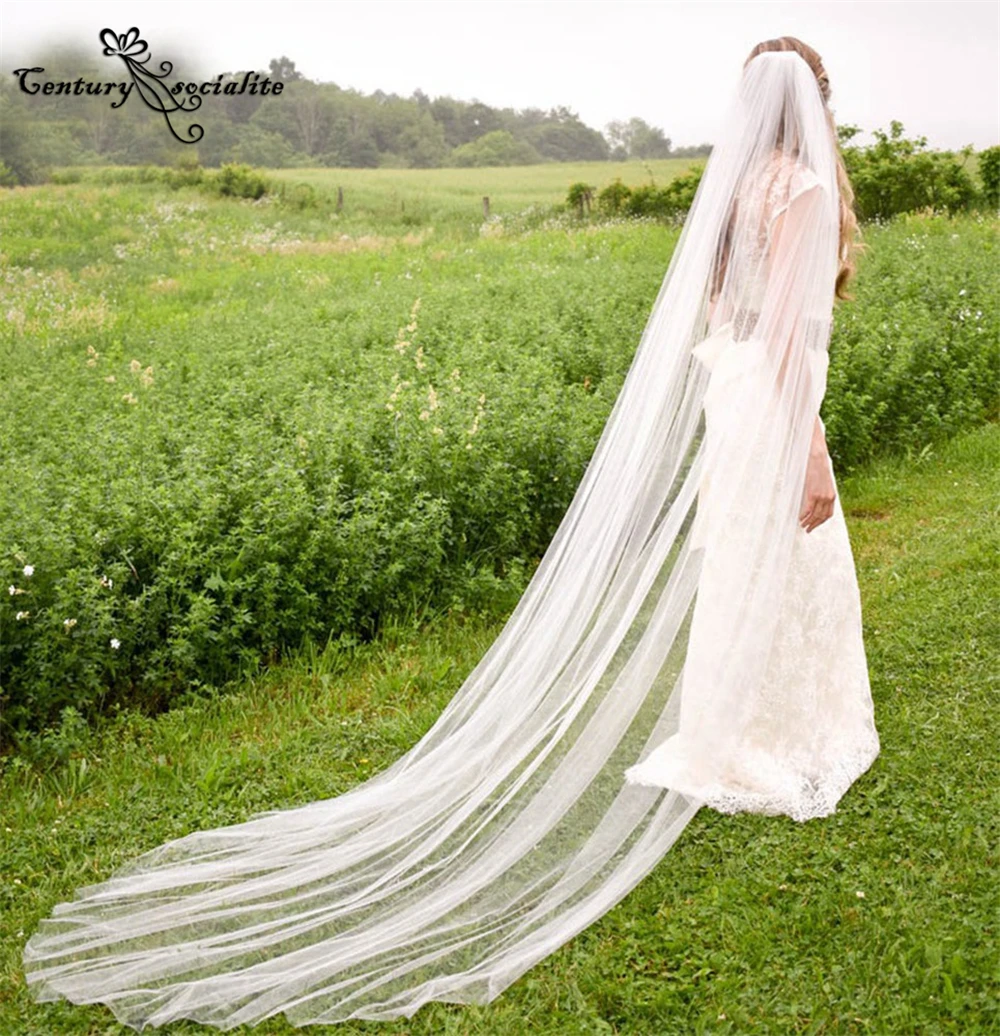 

Cathedral Long Bridal Veils with Comb One Layer Ivory White Simple Wedding Veils Bride Accessiories Velos de NoivaCustomized