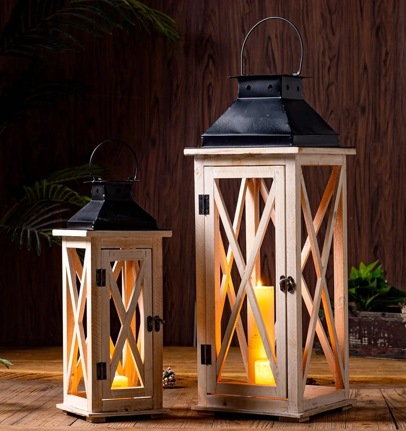 Large Wooden Candle Lanterns Decorative Set of 2, Rustic Farmhouse Whitewash Floor Lanterns, Indoor/Outdoor Hanging Lanterns for