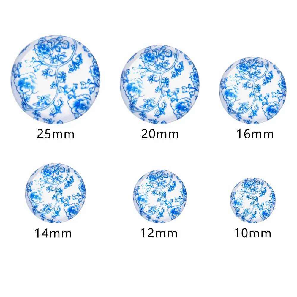 10pcs 10 12 14 18 20 25mm Blue And White Porcelain Glass Cabochon Round Flatback Loose Bead For Jewelry Making DIY Ring Necklace