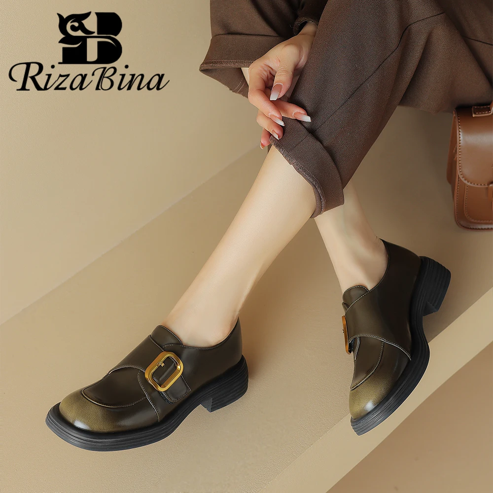 

RIZABINA Women Flat Loafers Real Leather Fashion Buckle Design Spring Shoes Ladies Slip on British Style Casual Shoes Size 34-40