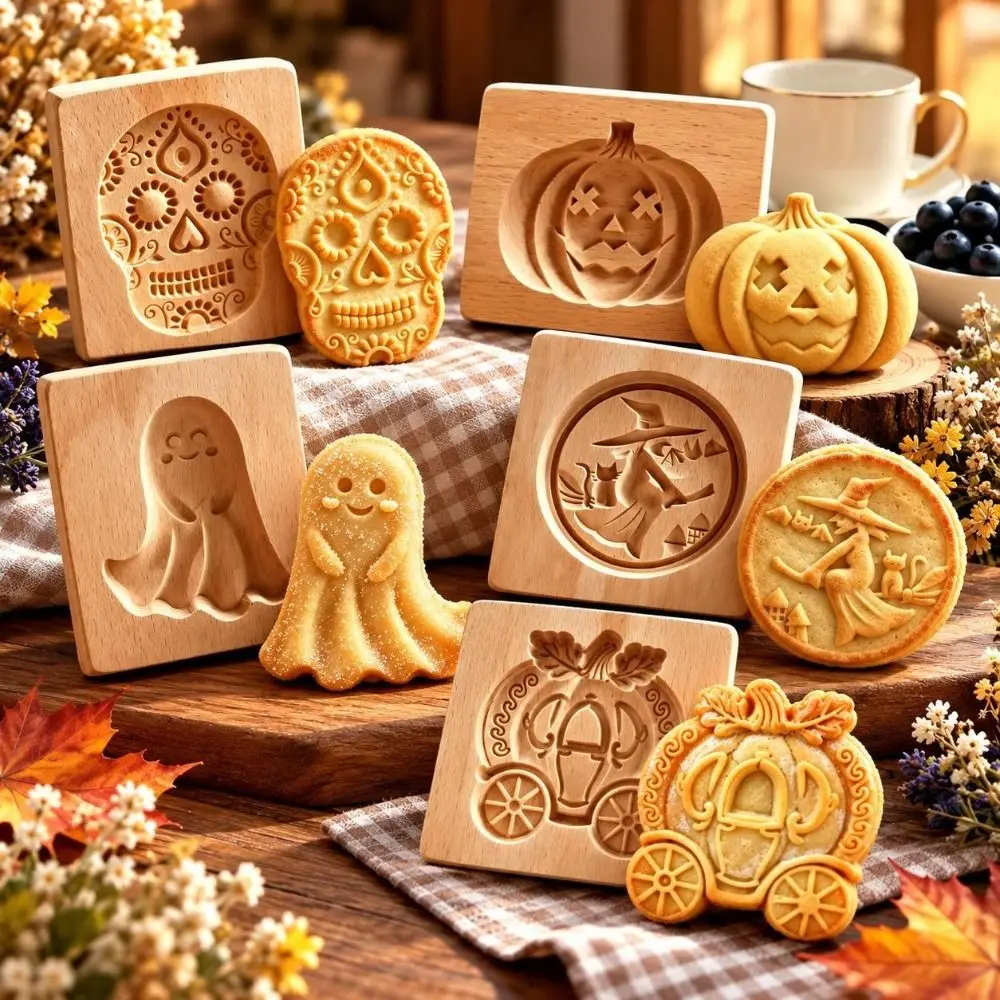 Creative 3D Carved Wooden Cookie Mold Halloween Pumpkin Ghost Baking Tools Gingerbread Stamp Embossing Cookie Cutter Mold Party