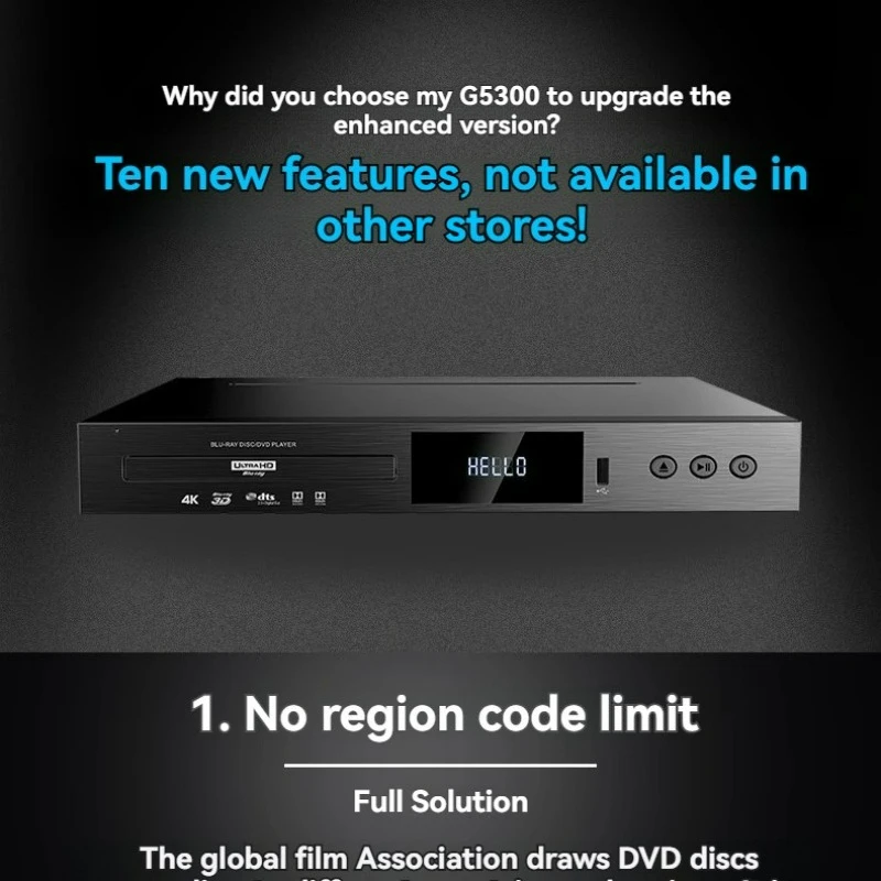 G5300 4KUHD Blu Ray Player DVD/VCD/CD Player All Region Support Dolby Vision Dolby Panoramic Sound USB Play Hard Drive Play
