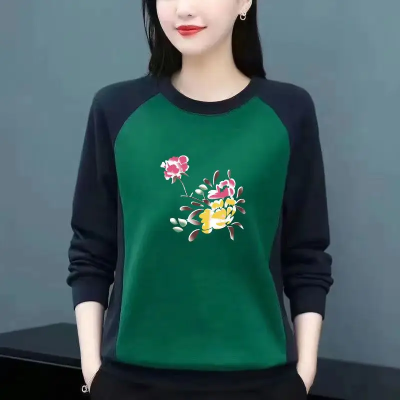 2024 New Spring Autumn Cotton Blouse Round Neck Middle-aged Sweater Women's Stitching Long Sleeve Plus Size T-shirt Casual Tops