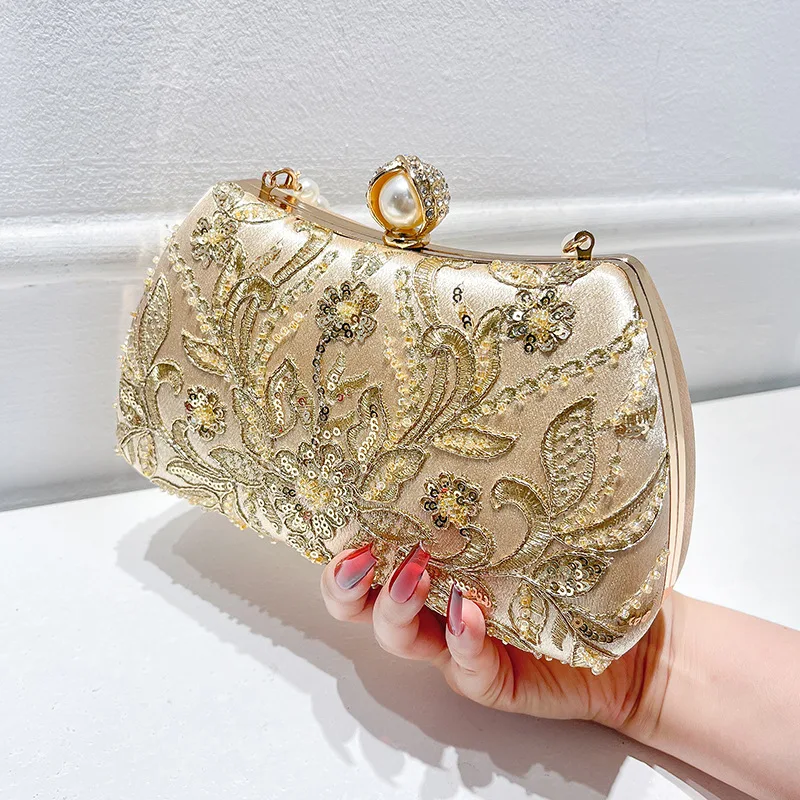 

Luxury Handmade Sequin Beading Evening Bags Pearl Handbag For Women Retro Wine Red Silver Small Cluch Party Chain Shoulder Bag