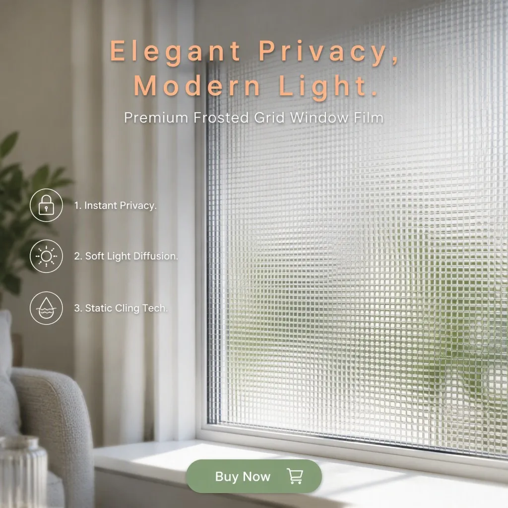 Grid Privacy Window Film Static Cling Frosted Mesh Decorative Sticker Non-Adhesive for Bathroom Bedroom