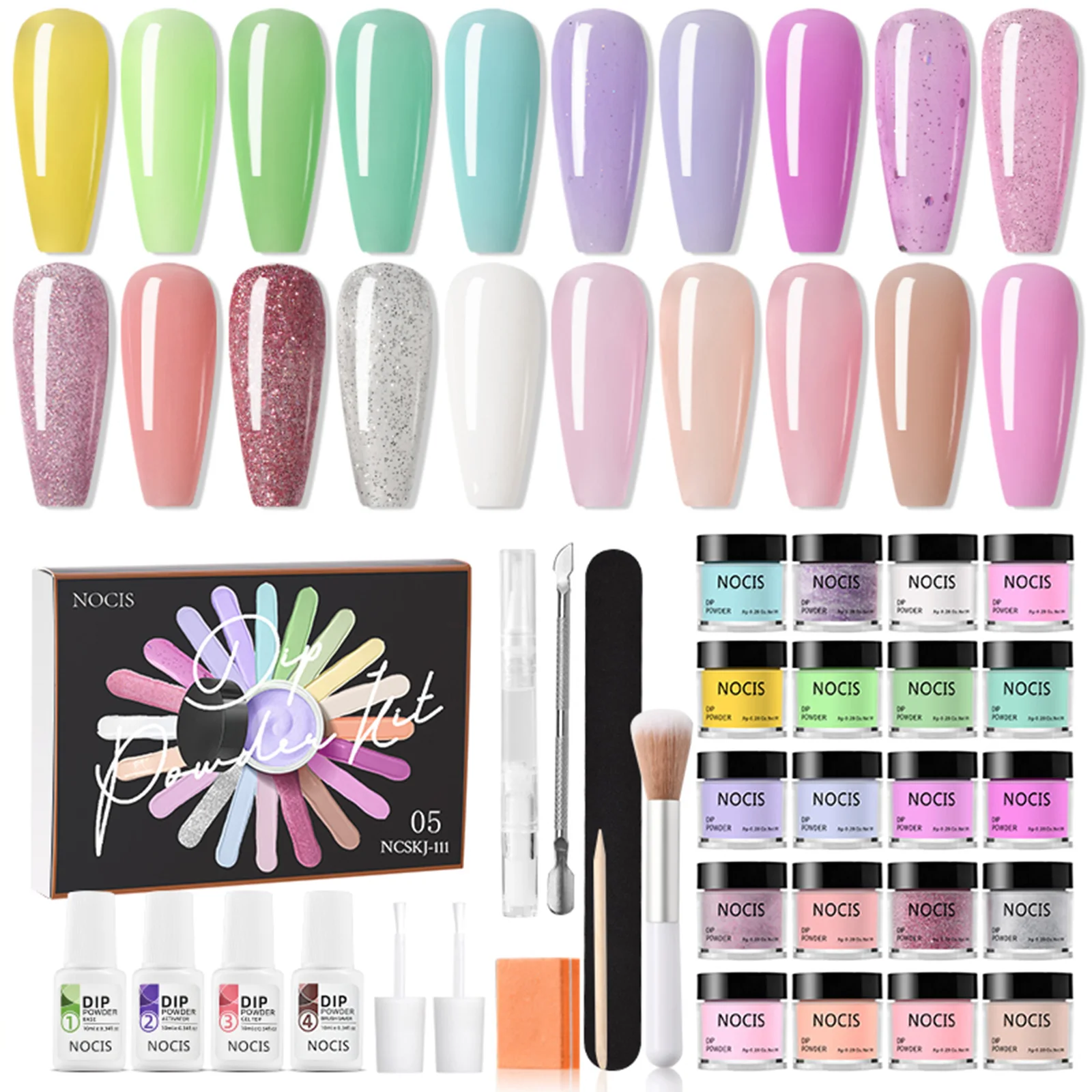 

NOCIS 20 Colors Nail Dipping Powder Set Nail Art Dip Powder Starter Kit Fast-drying No UV/LED Nail Lamp Needed with Base