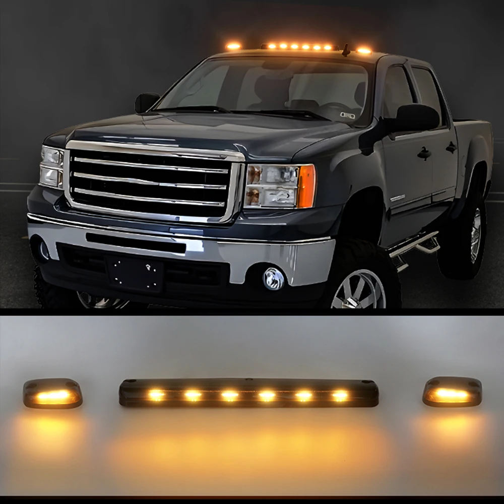 3Pcs Amber LED Roof Top Marker Running Lights Smoked Lens for Chevy Silverado GMC Sierra 1500 2500 2500 HD 3500 2007-2013