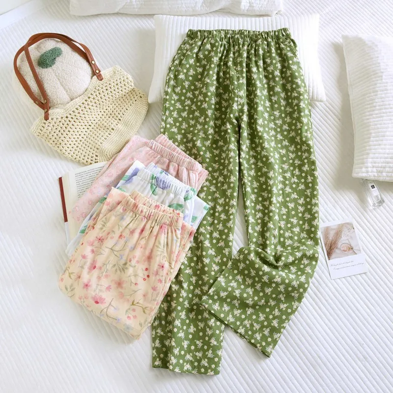 Spring Summer Women 100% Cotton Sleep Bottoms Plus Size Home Pants High Quality Loungewear Trousers Sweet Print Pajama Pants