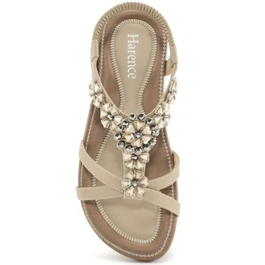

HARENCE Womens Sandals Bohemian Rhinestone Floral Flats 2026 Elastic Ankle Strap Dressy Walking Shoes for Summer Casual Vacatio