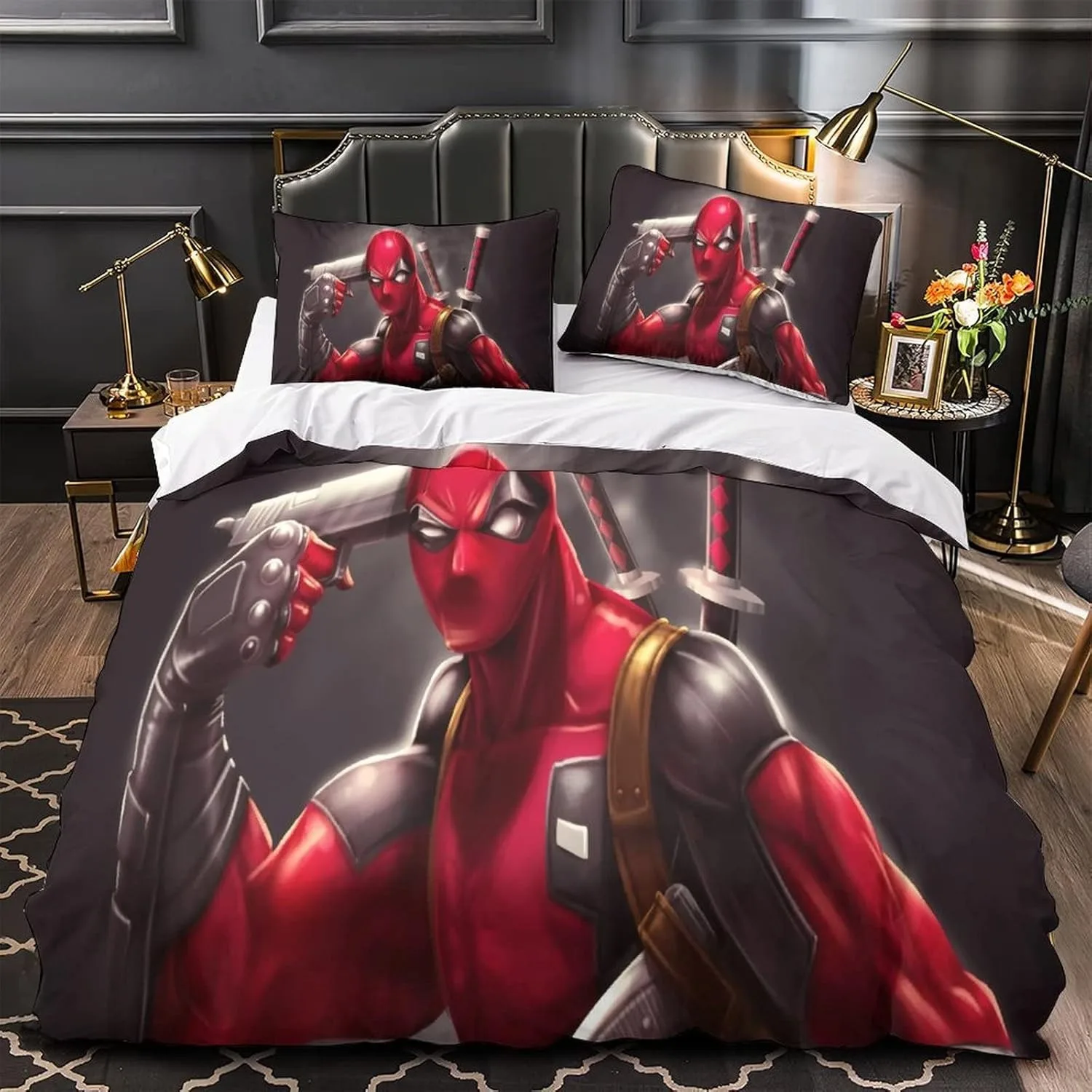 Conjunto de cama estampado 3D de desenho animado Deadpool Marvel Hero capa de edredom fronhas para presentes de meninos e meninas