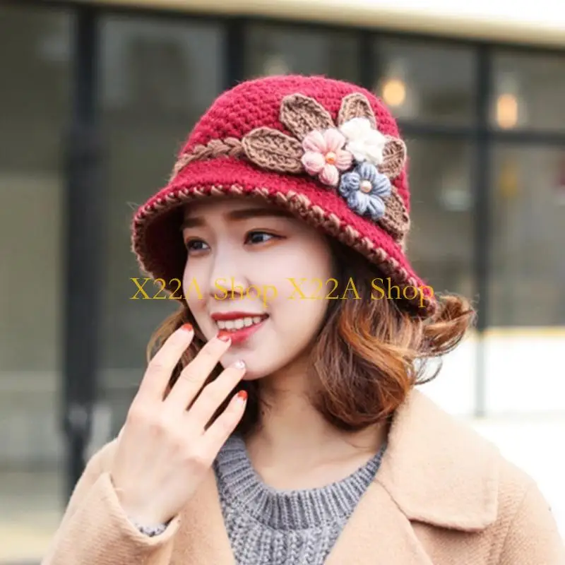 

Уникальная осенняя рыбацкая шляпа для женщин, тканая шляпа-ведро, вязаная крючком шляпа с широкими полями и цветком