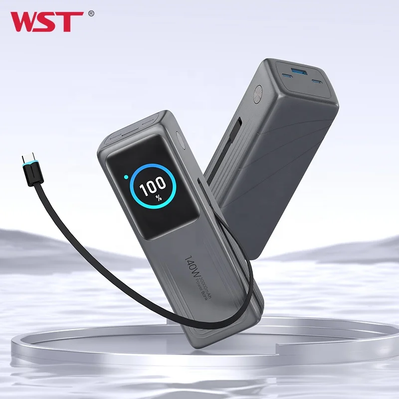 

WST Power Banks Digital Display Built in Cable Super Fast Charging PD 100W 140W High Capacity 30000mah Power Bank for Laptop